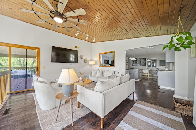 2825 Kings Corners Rd E, Mansfield, OH 44904 - living area featuring rail lighting, a ceiling fan, wooden ceiling, and dark wood finished floors