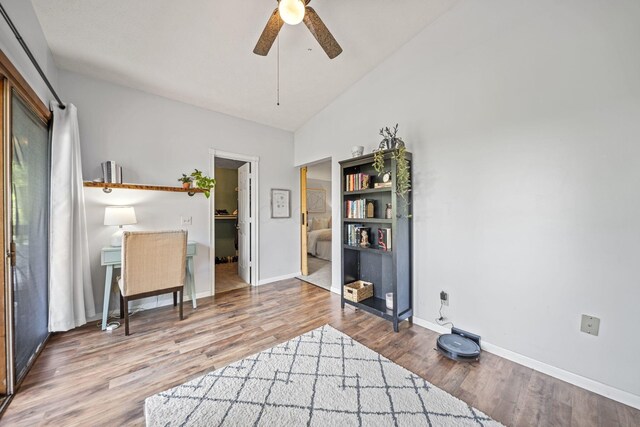 2825 Kings Corners Rd E, Mansfield, OH 44904 - sitting room featuring a ceiling fan, wood finished floors, baseboards, and high vaulted ceiling