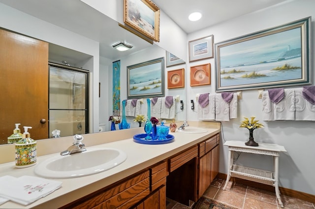 8292 Breckenridge Way, Columbus, OH 43235 - bathroom with an enclosed shower, double vanity, and stone finish flooring