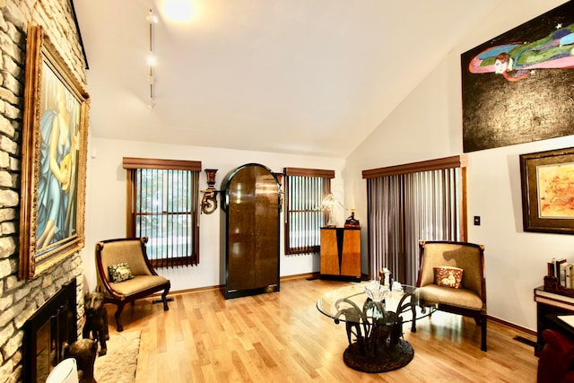 8292 Breckenridge Way, Columbus, OH 43235 - living area featuring wood finished floors, a fireplace, and high vaulted ceiling