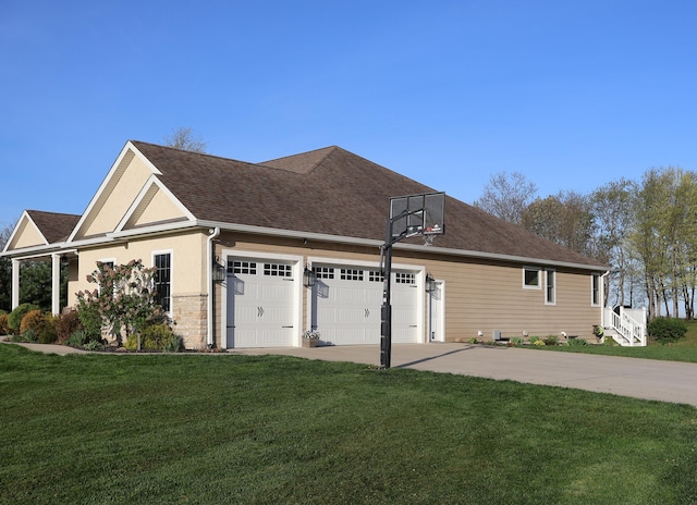 view of home's exterior featuring a garage, driveway, a lawn, and stone siding