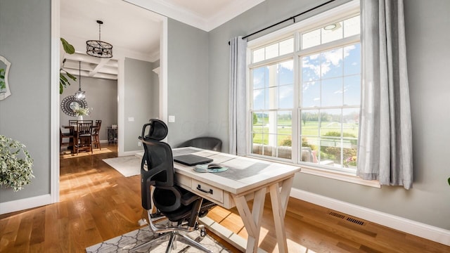 office featuring crown molding, baseboards, plenty of natural light, wood finished floors, and coffered ceiling