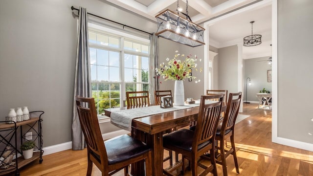 dining space featuring baseboards, light wood-style floors, beam ceiling, a ceiling fan, and coffered ceiling