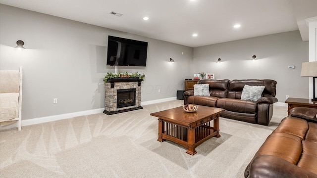 4225 Election House Rd NW, Lancaster, OH 43130 - living room with recessed lighting, a fireplace, and light carpet