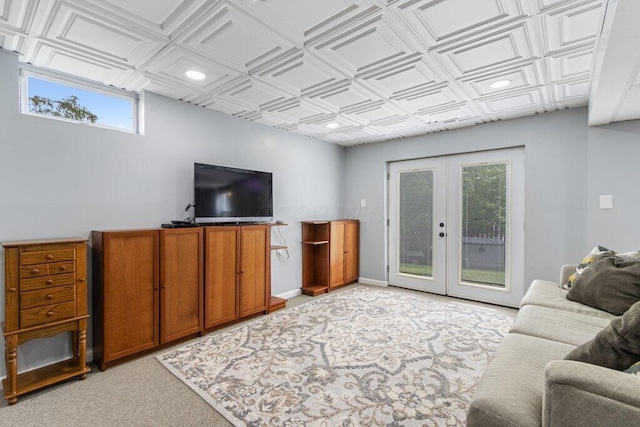 3102 Menzola Dr, Columbus, OH 43228 - living area with french doors, an ornate ceiling, light colored carpet, and recessed lighting