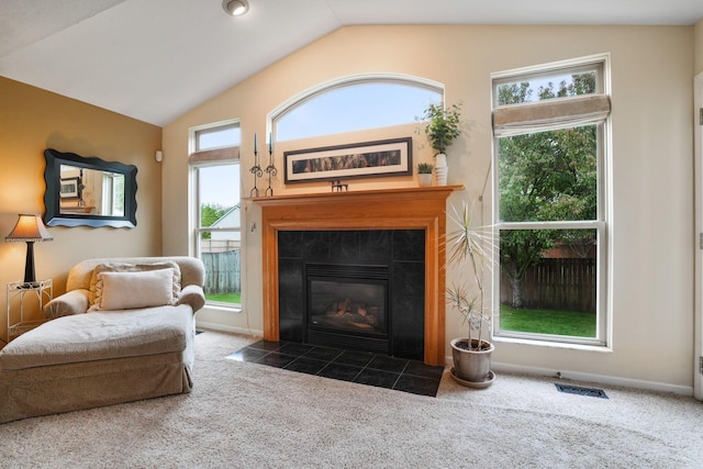 3998 Kul Cir S, Hilliard, OH 43026 - sitting room with vaulted ceiling, a fireplace, carpet flooring, and visible vents