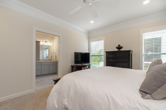 bedroom with crown molding, light carpet, baseboards, and recessed lighting