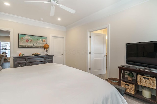 bedroom featuring a ceiling fan, recessed lighting, and crown molding