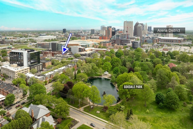 aerial view with a water view and a view of city