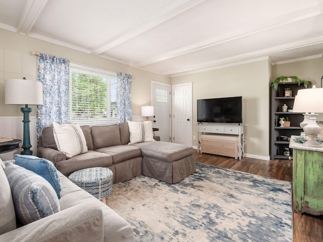 5349 Norwich St, Hilliard, OH 43026 - living room featuring beamed ceiling, dark wood-style floors, and crown molding