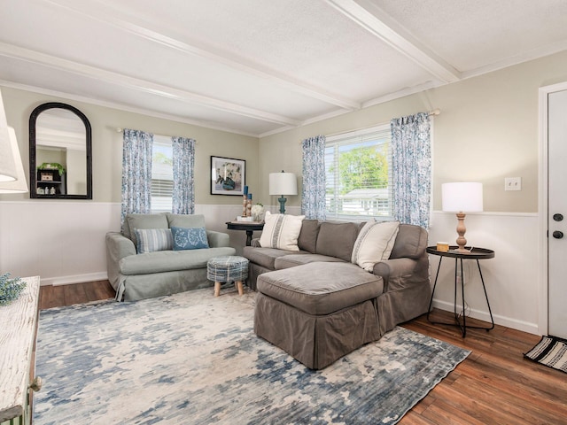 5349 Norwich St, Hilliard, OH 43026 - living area with plenty of natural light, wood finished floors, beamed ceiling, wainscoting, and a textured ceiling