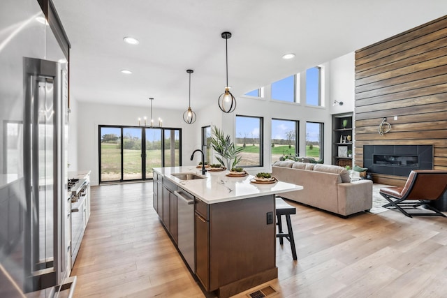 kitchen featuring a glass covered fireplace, a sink, high end appliances, light countertops, and light wood-type flooring