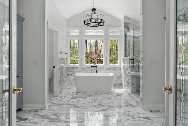 7870 Cook Rd, Plain City, OH 43064 - full bathroom with a chandelier, marble tiled floors, a marble finish shower, a freestanding bath, and lofted ceiling