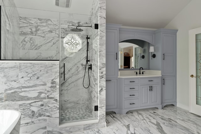 7870 Cook Rd, Plain City, OH 43064 - bathroom featuring a marble finish shower, vanity, marble finish floors, and a freestanding bath