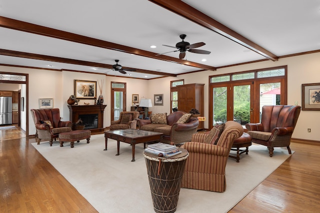 7870 Cook Rd, Plain City, OH 43064 - living room featuring beamed ceiling, wood finished floors, ceiling fan, baseboards, and recessed lighting
