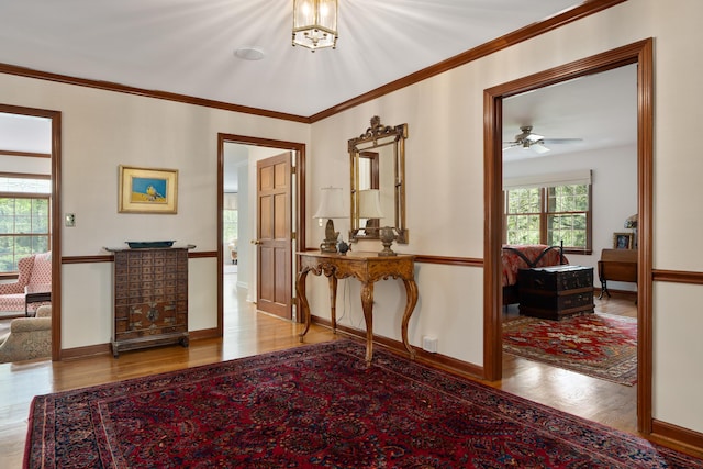 7870 Cook Rd, Plain City, OH 43064 - hall with wood finished floors, baseboards, and ornamental molding