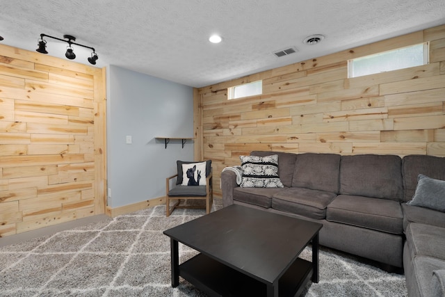 5372 Thistledown Dr, Columbus, OH 43221 - carpeted living area with wood walls, baseboards, plenty of natural light, a textured ceiling, and recessed lighting