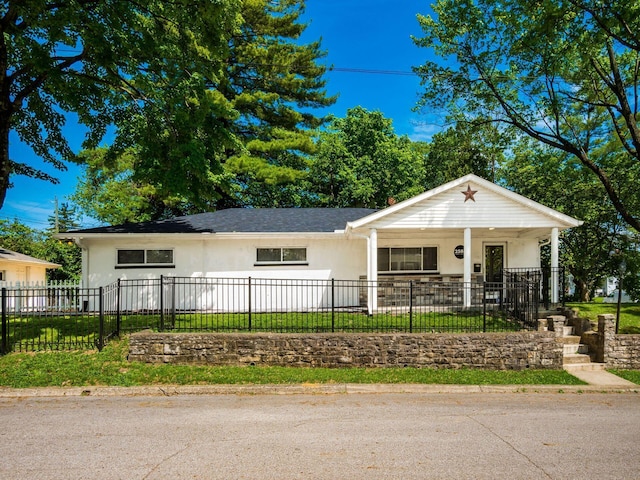 2584 E 5th Ave, Columbus, OH 43219 - view of front of property with stucco siding, covered porch, and a fenced front yard