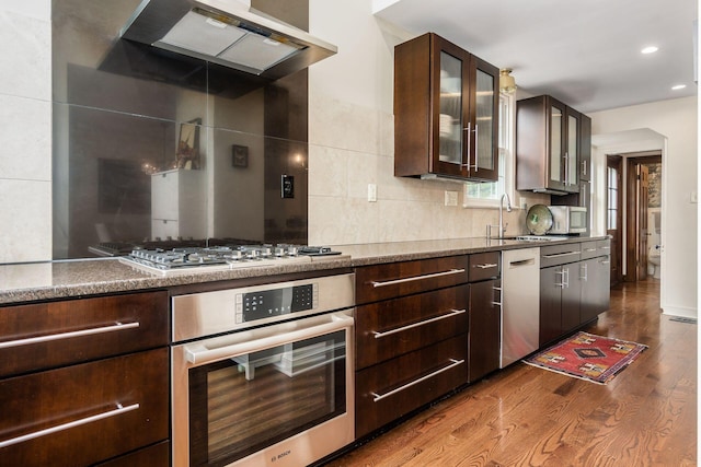 kitchen featuring appliances with stainless steel finishes, exhaust hood, a sink, dark wood-style flooring, and dark brown cabinets