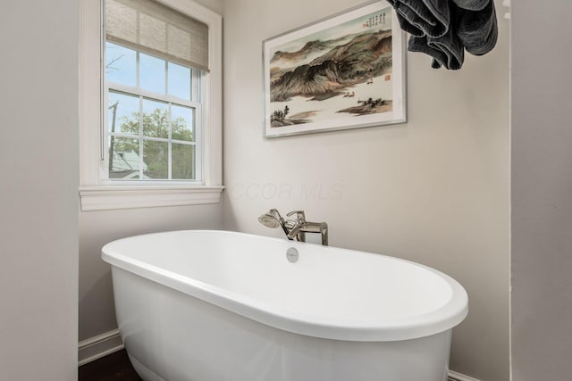 full bath featuring a freestanding bath and baseboards