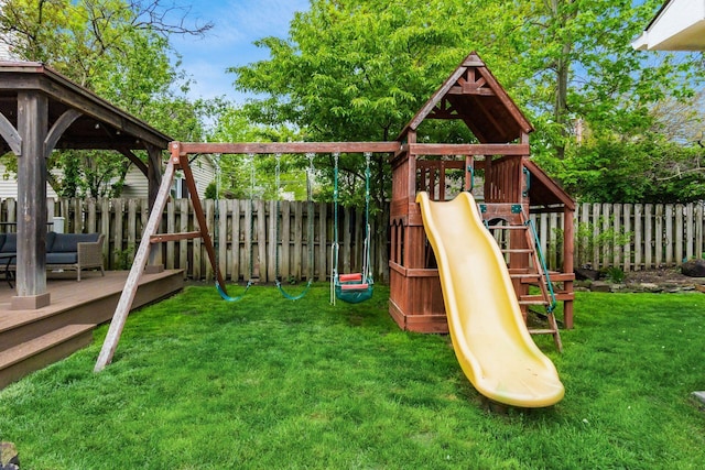 view of play area with a deck