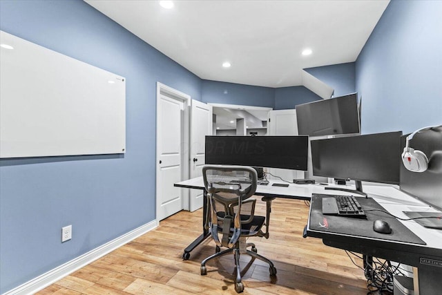 9129 Coe Dr, Plain City, OH 43064 - office area featuring light wood-type flooring, baseboards, and recessed lighting