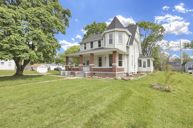 3610-3612 Grove City Rd, Grove City, OH 43123 - view of front of house featuring covered porch, brick siding, a front lawn, roof with shingles, and a detached garage