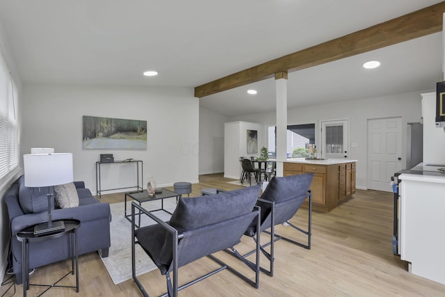 4502 Aragon Ave, Columbus, OH 43227 - living area featuring light wood-type flooring, baseboards, lofted ceiling with beams, and recessed lighting