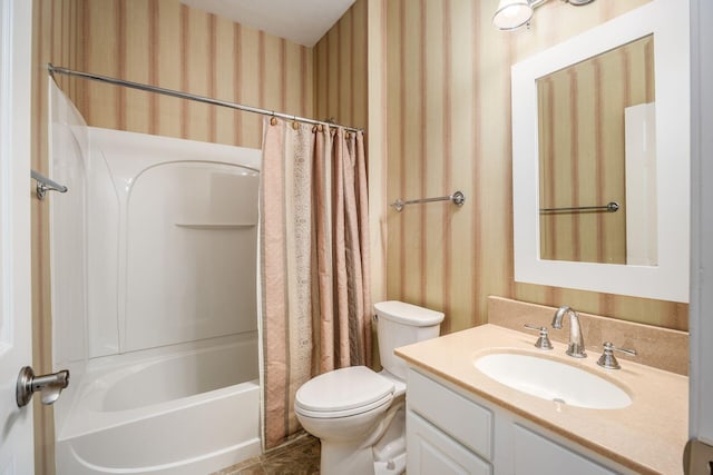 bathroom featuring wallpapered walls, toilet, vanity, shower / bath combo, and tile patterned flooring