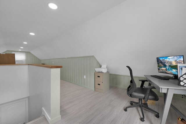 591 French Dr, Columbus, OH 43228 - home office with wood finished floors, wainscoting, lofted ceiling, and recessed lighting