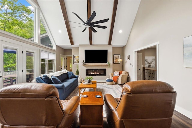 659 Natchez Ln, Sugar Grove, OH 43155 - living area with a ceiling fan, dark wood finished floors, high vaulted ceiling, beamed ceiling, and baseboards