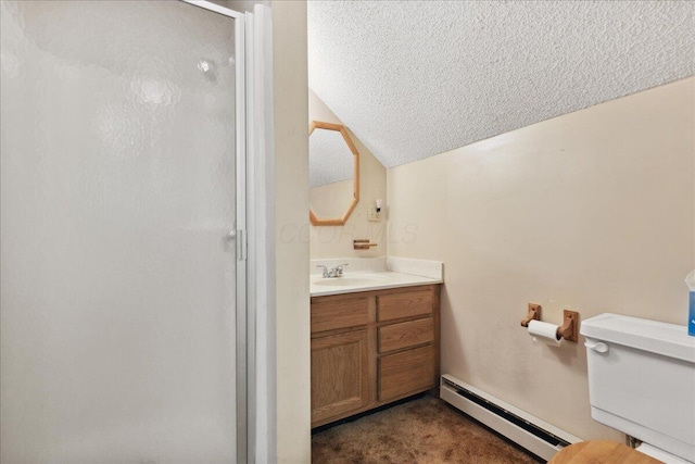259 Shawnee Ln Unit L, Sugar Grove, OH 43155 - full bath with a baseboard heating unit, vaulted ceiling, a shower stall, a textured ceiling, and toilet