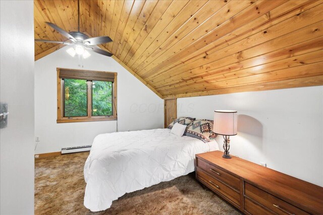 259 Shawnee Ln Unit L, Sugar Grove, OH 43155 - carpeted bedroom featuring a baseboard heating unit, vaulted ceiling, wooden ceiling, and baseboards