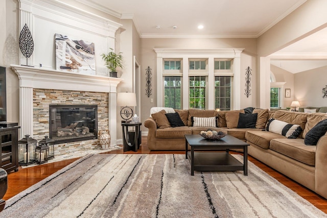 5464 Slater Rdg, Westerville, OH 43082 - living area featuring wood finished floors, crown molding, and a fireplace