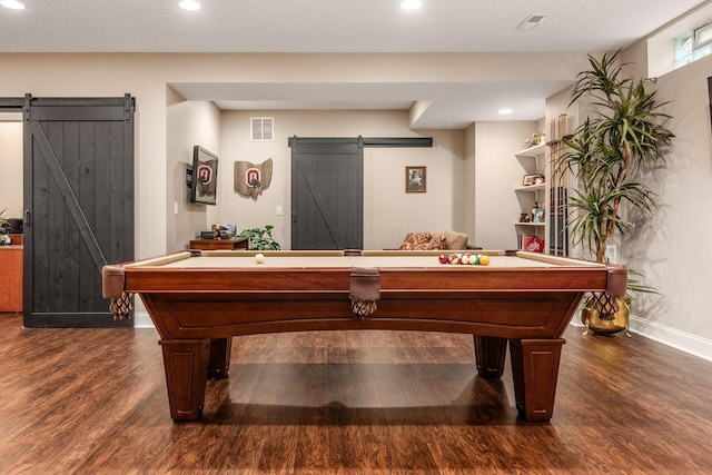 5464 Slater Rdg, Westerville, OH 43082 - recreation room with a barn door, dark wood finished floors, billiards table, and recessed lighting