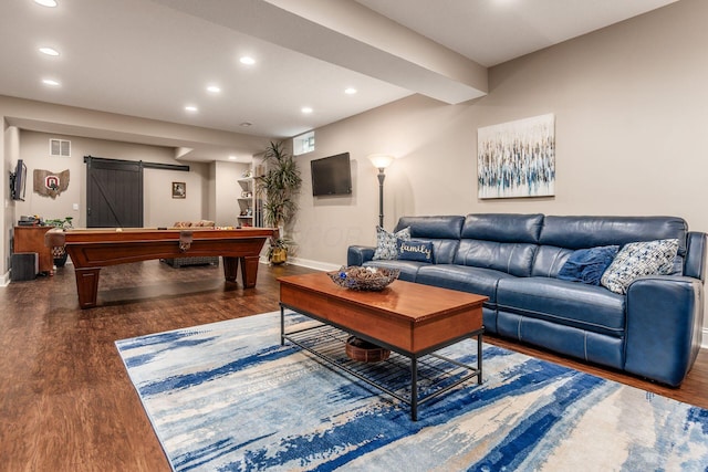 5464 Slater Rdg, Westerville, OH 43082 - living room with baseboards, recessed lighting, wood finished floors, a barn door, and billiards