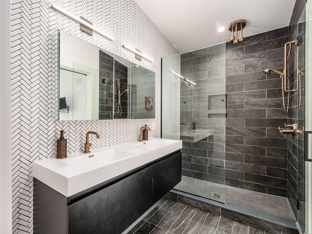 460 S Lane Unit 460, Columbus, OH 43206 - bathroom with tile walls, tiled shower, marble finish floors, double vanity, and recessed lighting