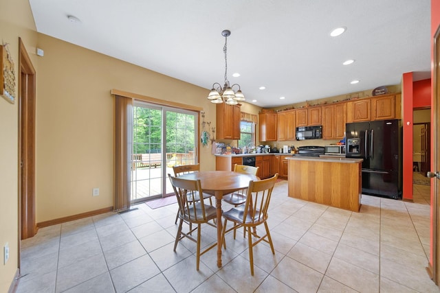 12094 Beech Tree Ct S, Thornville, OH 43076 - dining space featuring a chandelier, recessed lighting, light tile patterned flooring, and baseboards