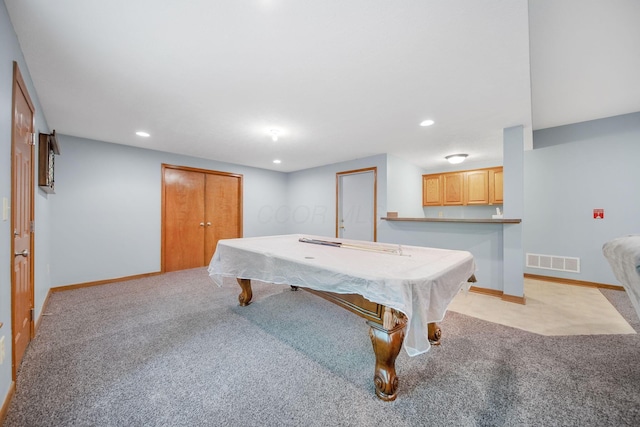 12094 Beech Tree Ct S, Thornville, OH 43076 - rec room featuring light colored carpet, billiards, recessed lighting, and baseboards