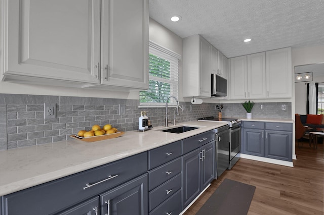 4215 Mack Ct, Powell, OH 43065 - kitchen featuring a sink, stainless steel appliances, white cabinetry, dark wood-style floors, and tasteful backsplash