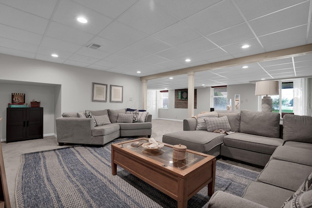 4215 Mack Ct, Powell, OH 43065 - living area featuring light carpet, baseboards, a drop ceiling, recessed lighting, and ornate columns