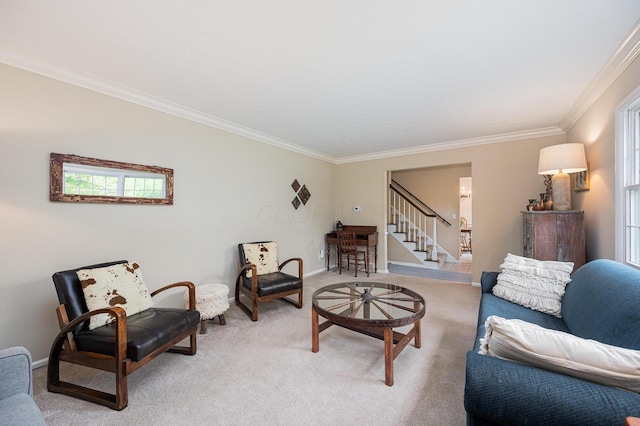 1211 Darcann Dr, Columbus, OH 43220 - living area with ornamental molding, stairway, light colored carpet, and baseboards