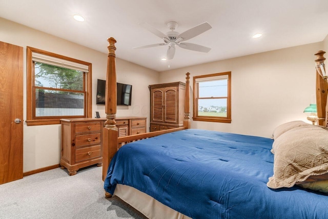 2040 Riggs Rd, Newark, OH 43055 - bedroom featuring multiple windows, light colored carpet, baseboards, recessed lighting, and a ceiling fan