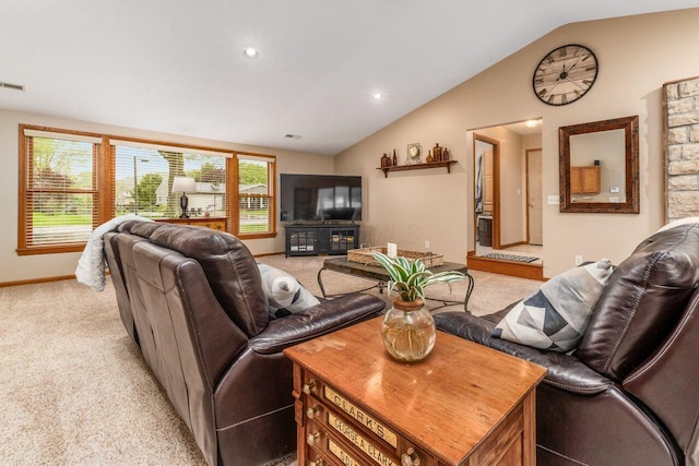 2040 Riggs Rd, Newark, OH 43055 - living area with lofted ceiling, light carpet, baseboards, and recessed lighting