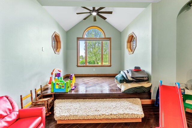 3100 Kropp Rd, Grove City, OH 43123 - rec room featuring a ceiling fan, hardwood / wood-style flooring, lofted ceiling, and baseboards
