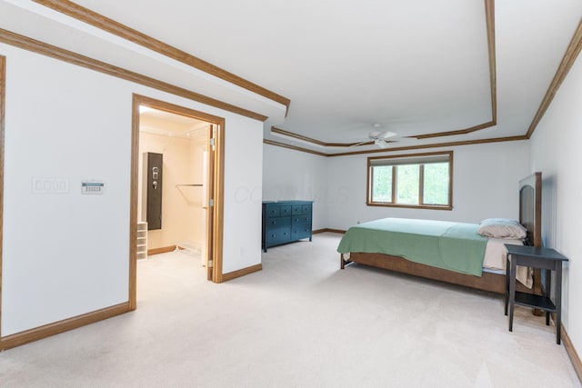 3100 Kropp Rd, Grove City, OH 43123 - bedroom featuring light colored carpet, baseboards, crown molding, a raised ceiling, and connected bathroom
