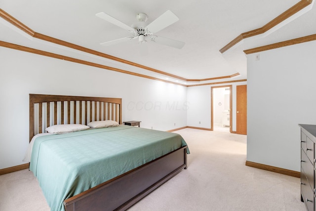 3100 Kropp Rd, Grove City, OH 43123 - bedroom featuring light carpet, ornamental molding, baseboards, a tray ceiling, and ceiling fan