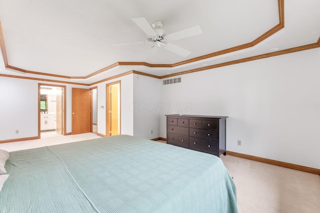 3100 Kropp Rd, Grove City, OH 43123 - carpeted bedroom with crown molding, baseboards, a raised ceiling, and a ceiling fan