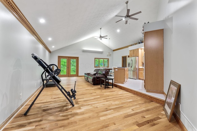 3100 Kropp Rd, Grove City, OH 43123 - workout area featuring a ceiling fan, high vaulted ceiling, light wood finished floors, french doors, and recessed lighting
