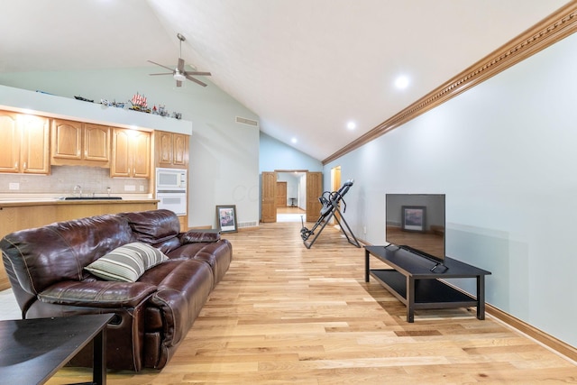 3100 Kropp Rd, Grove City, OH 43123 - living area featuring a ceiling fan, light wood-style flooring, high vaulted ceiling, baseboards, and recessed lighting